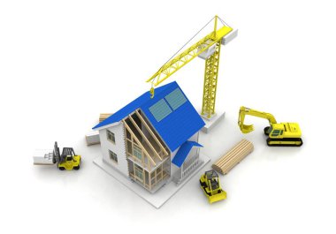 3D render illüstrasyon üstüne açık iç evi. Planları, belgeleri, vinç ve mortgage hesaplama.