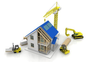 3D render illüstrasyon üstüne açık iç evi. Planları, belgeleri, vinç ve mortgage hesaplama.