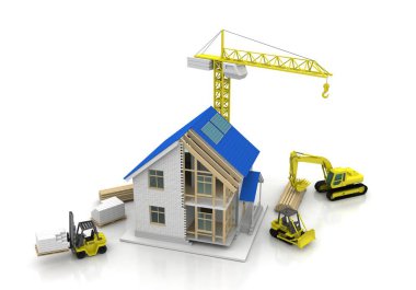 3D render illüstrasyon üstüne açık iç evi. Planları, belgeleri, vinç ve mortgage hesaplama.