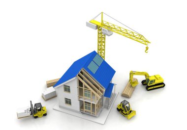 3D render illüstrasyon üstüne açık iç evi. Planları, belgeleri, vinç ve mortgage hesaplama.