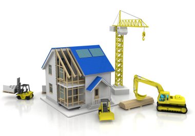 3D render illüstrasyon üstüne açık iç evi. Planları, belgeleri, vinç ve mortgage hesaplama.