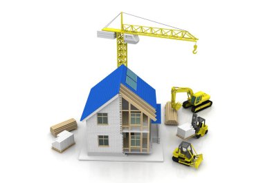 3D render illüstrasyon üstüne açık iç evi. Planları, belgeleri, vinç ve mortgage hesaplama.