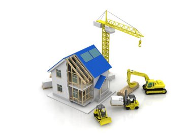 3D render illüstrasyon üstüne açık iç evi. Planları, belgeleri, vinç ve mortgage hesaplama.