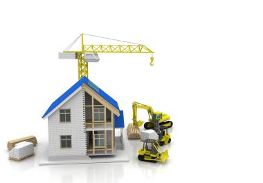 3D render illüstrasyon üstüne açık iç evi. Planları, belgeleri, vinç ve mortgage hesaplama.