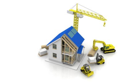 3D render illüstrasyon üstüne açık iç evi. Planları, belgeleri, vinç ve mortgage hesaplama.