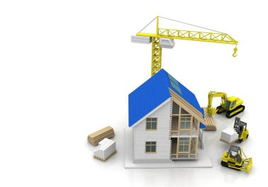 3D render illüstrasyon üstüne açık iç evi. Planları, belgeleri, vinç ve mortgage hesaplama.