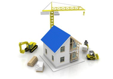 3D render illüstrasyon üstüne açık iç evi. Planları, belgeleri, vinç ve mortgage hesaplama.