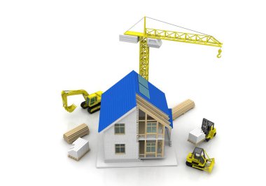 3D render illüstrasyon üstüne açık iç evi. Planları, belgeleri, vinç ve mortgage hesaplama.