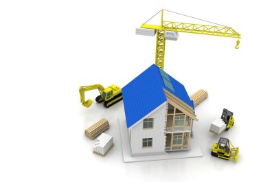 3D render illüstrasyon üstüne açık iç evi. Planları, belgeleri, vinç ve mortgage hesaplama.