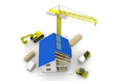 3D render illüstrasyon üstüne açık iç evi. Planları, belgeleri, vinç ve mortgage hesaplama.