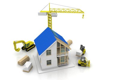 3D render illüstrasyon üstüne açık iç evi. Planları, belgeleri, vinç ve mortgage hesaplama.