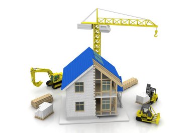 3D render illüstrasyon üstüne açık iç evi. Planları, belgeleri, vinç ve mortgage hesaplama.