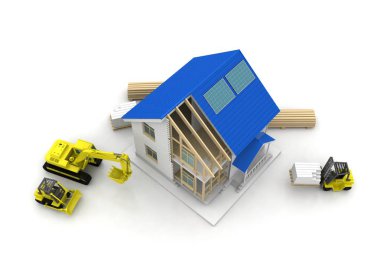 3D render illüstrasyon üstüne açık iç evi. Planları, belgeleri, vinç ve mortgage hesaplama.