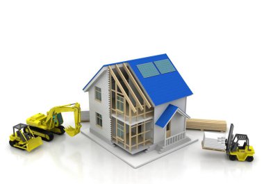 3D render illüstrasyon üstüne açık iç evi. Planları, belgeleri, vinç ve mortgage hesaplama.