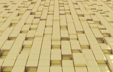 Altın küpleri 3d render soyut geometrik şekil. Fütüristik moda parlak altın arka plan.