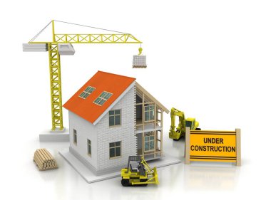 çerçeve ev inşaat vinç ve zincir ile beyaz arka plan üzerinde 3D Illustration. Yapı tema arka plan.