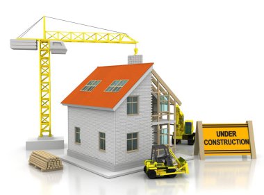 çerçeve ev inşaat vinç ve zincir ile beyaz arka plan üzerinde 3D Illustration. Yapı tema arka plan.