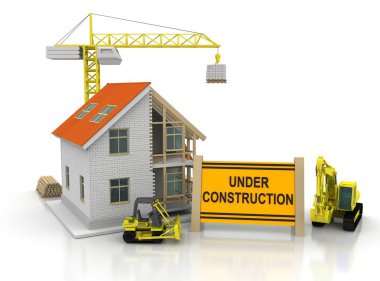 çerçeve ev inşaat vinç ve zincir ile beyaz arka plan üzerinde 3D Illustration. Yapı tema arka plan.
