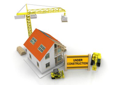 çerçeve ev inşaat vinç ve zincir ile beyaz arka plan üzerinde 3D Illustration. Yapı tema arka plan.