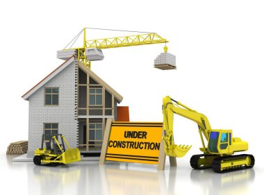 çerçeve ev inşaat vinç ve zincir ile beyaz arka plan üzerinde 3D Illustration. Yapı tema arka plan.