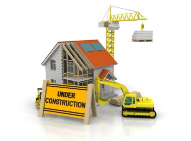 çerçeve ev inşaat vinç ve zincir ile beyaz arka plan üzerinde 3D Illustration. Yapı tema arka plan.