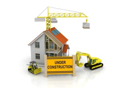 çerçeve ev inşaat vinç ve zincir ile beyaz arka plan üzerinde 3D Illustration. Yapı tema arka plan.