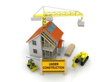 çerçeve ev inşaat vinç ve zincir ile beyaz arka plan üzerinde 3D Illustration. Yapı tema arka plan.