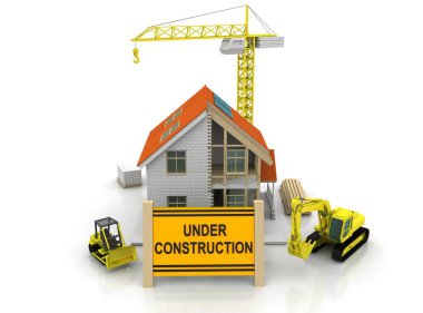 çerçeve ev inşaat vinç ve zincir ile beyaz arka plan üzerinde 3D Illustration. Yapı tema arka plan.