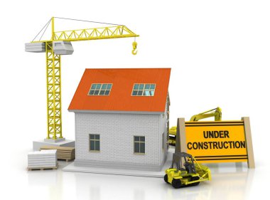 çerçeve ev inşaat vinç ve zincir ile beyaz arka plan üzerinde 3D Illustration. Yapı tema arka plan.