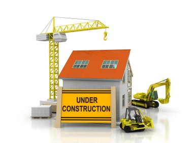 çerçeve ev inşaat vinç ve zincir ile beyaz arka plan üzerinde 3D Illustration. Yapı tema arka plan.