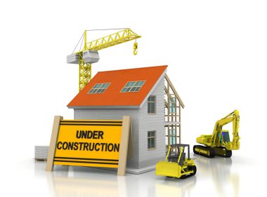 çerçeve ev inşaat vinç ve zincir ile beyaz arka plan üzerinde 3D Illustration. Yapı tema arka plan.