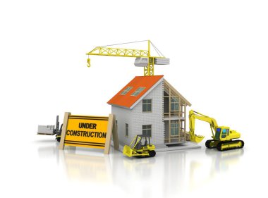 çerçeve ev inşaat vinç ve zincir ile beyaz arka plan üzerinde 3D Illustration. Yapı tema arka plan.