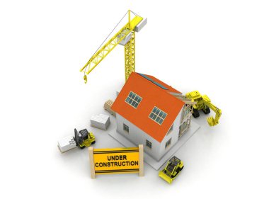 çerçeve ev inşaat vinç ve zincir ile beyaz arka plan üzerinde 3D Illustration. Yapı tema arka plan.