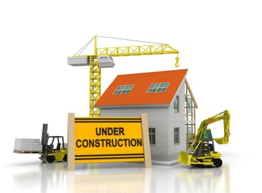 çerçeve ev inşaat vinç ve zincir ile beyaz arka plan üzerinde 3D Illustration. Yapı tema arka plan.