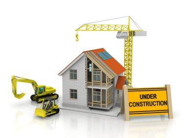 çerçeve ev inşaat vinç ve zincir ile beyaz arka plan üzerinde 3D Illustration. Yapı tema arka plan.