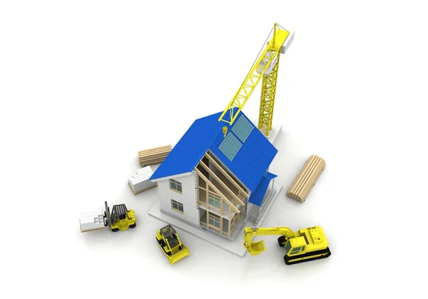 房子3D 渲染插图与开放的内部在顶部 起重机和抵押贷款计算 — 图库照片