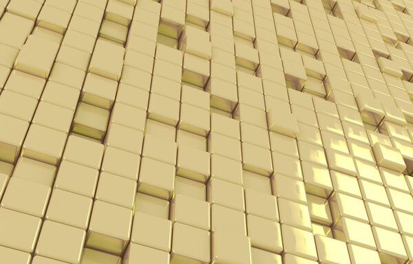 Abstract geometric shape of golden cubes 3d render. Futuristic fashioned glossy gold background.