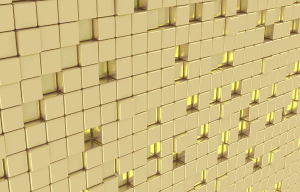 Abstract geometric shape of golden cubes 3d render. Futuristic fashioned glossy gold background.
