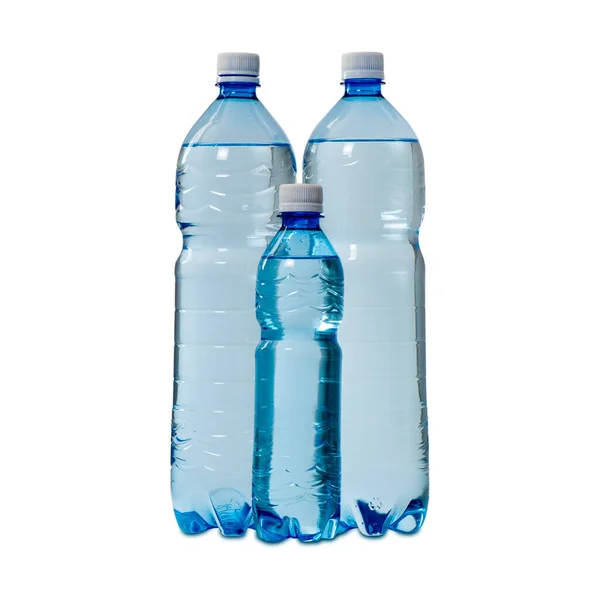 Twee Grote Plastic Flessen Een Kleine Met Water Witte Achtergrond — Stockfoto