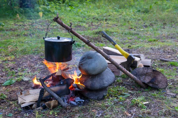 Pan Fire Cooking Camping — Stock Photo, Image