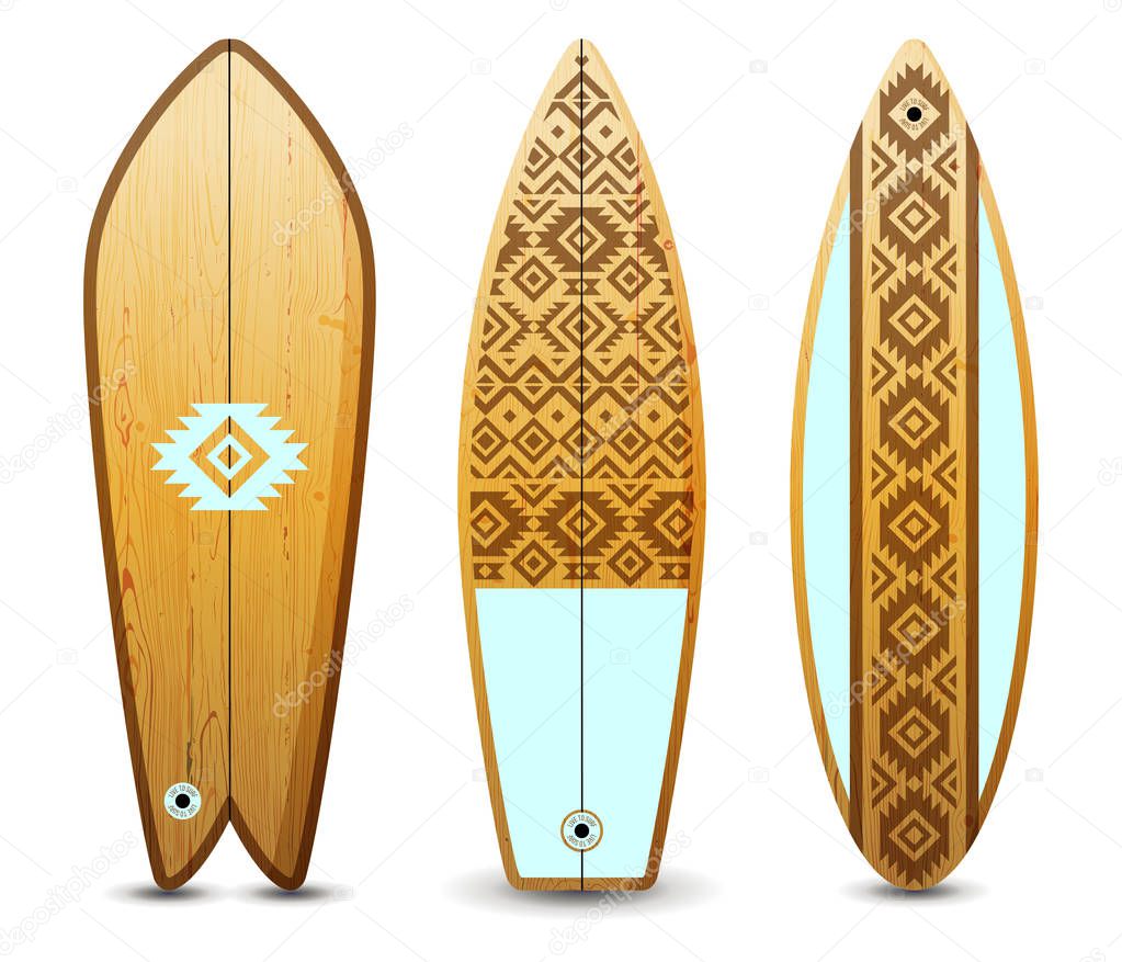 3 wooden surfboards decorated by tribal ornaments. Extreme sport equipment vector illustration