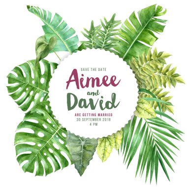 Wedding invitation on round paper emblem over tropical leaves clipart