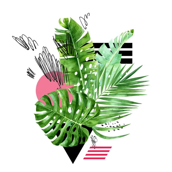 Skupina akvarel džungle rostlin s grunge Klikyháky, tečky a geometrie opatření — Stock fotografie