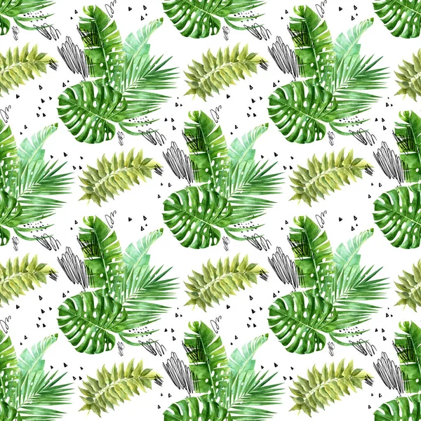 Aquarel jungle bouquettes met grunge Krabbels en stippen naadloze patroon — Stockfoto