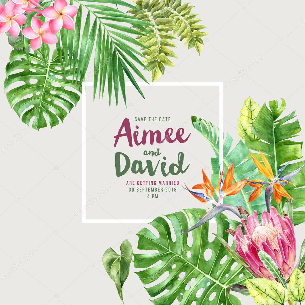 Wedding invitation over tropical background