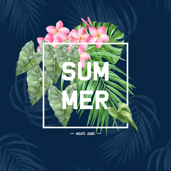 Jungle background with frame and type design - summer never ends — Stock Photo, Image