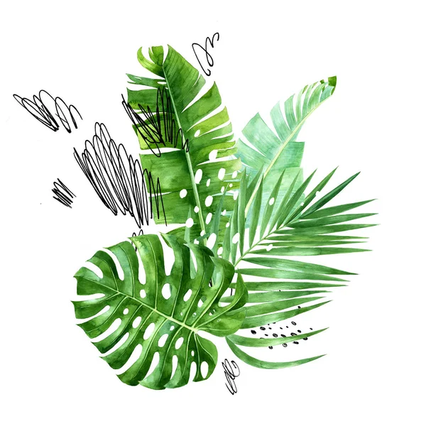 Tropikal arka plan ile suluboya palmiye yaprakları — Stok fotoğraf