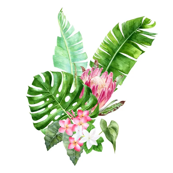 Akvarelu tropické listy a květy — Stock fotografie