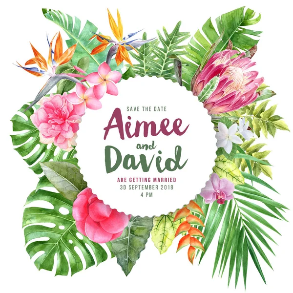 Wedding invitation on round paper emblem over watercolor tropical leaves and flowers background.