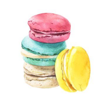 Küçük suluboya macaroons izole üzerinde beyaz arka plan yığını